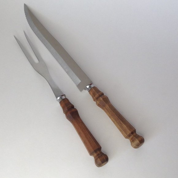 Vintage 2 Piece Knife & Fork Stainless Steel Japan Carving Set Wooden Handles - Picture 3 of 9